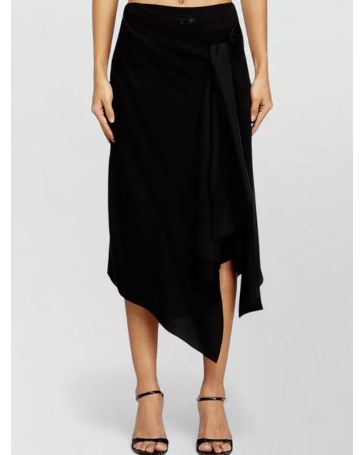 DIESEL Black Asymmetric Wrap Midi Skirt Tie Detail