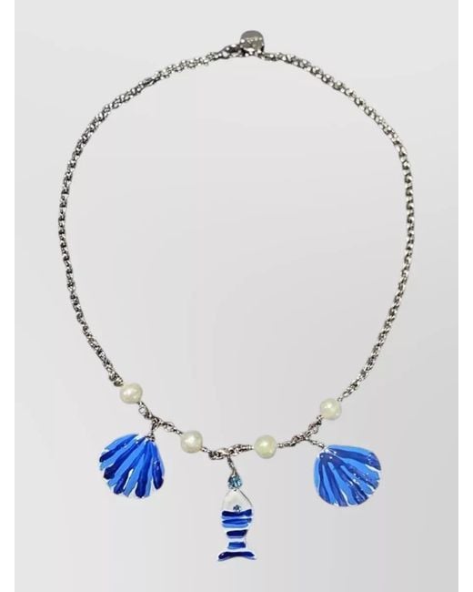Marni Blue Chain Necklace Fish Charm Pearls Shells