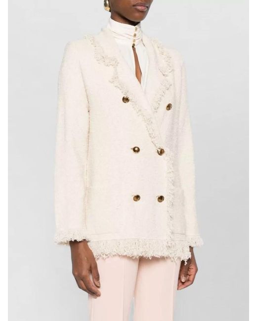 Elisabetta Franchi Natural Double Breasted Fringe Blazer Tone Buttons