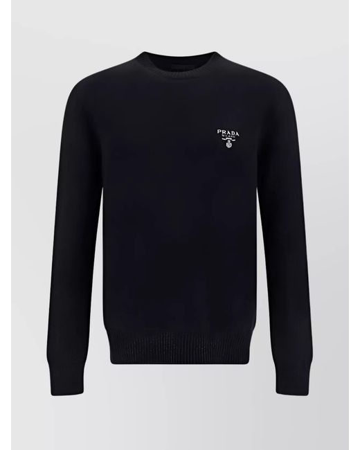 Prada Blue Cashmere Ribbed Crew-Neck Sweater for men