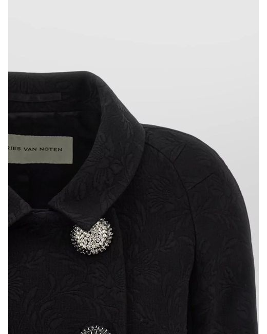 Dries Van Noten Black Cropped Coat Jewelled Buttons Floral Texture