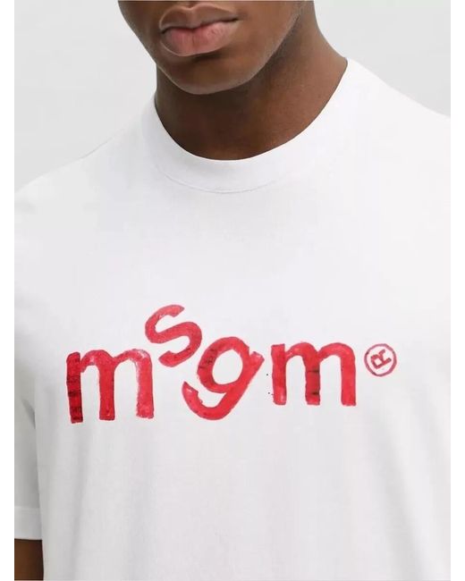 MSGM White Logo Print Cotton T-Shirt for men