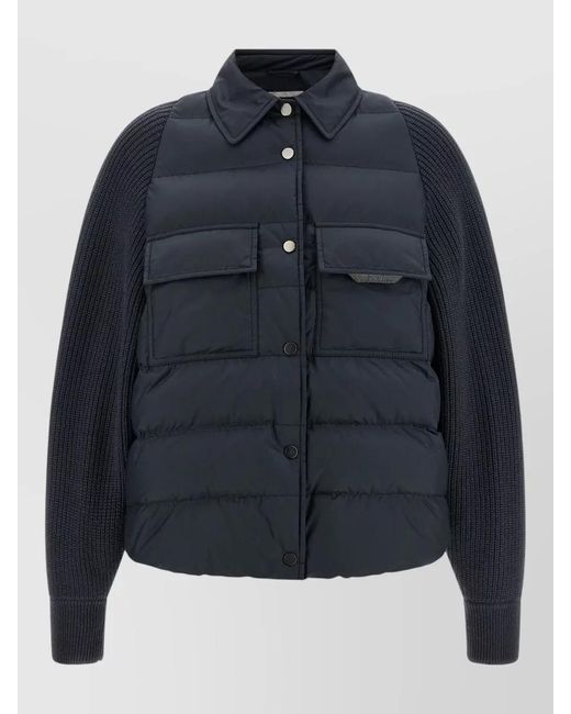 Brunello Cucinelli Blue Down Jacket Knit Sleeves Shirt Collar
