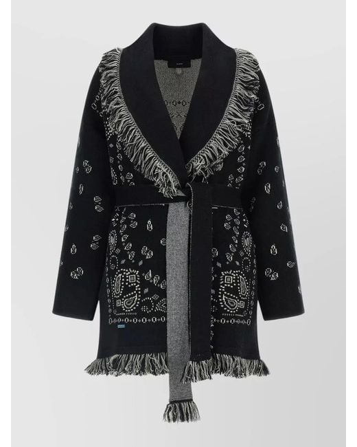 Alanui Black Bandana Knit Coat Belted Waist Fringe