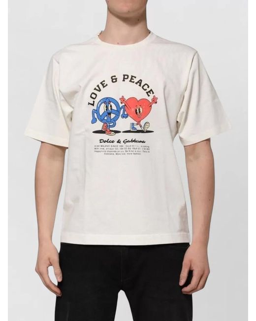 Dolce & Gabbana White Cotton Graphic-Print Crew-Neck Short-Sleeve T-Shirt for men