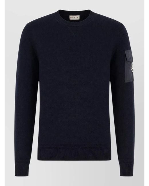 Moncler Blue Crew Neck Jacket Ribbed Cuffs Hem for men