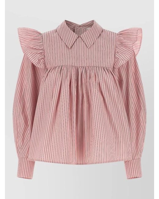 Ganni Pink Blouse Collared Neck Long Sleeves Stripes Ruffles