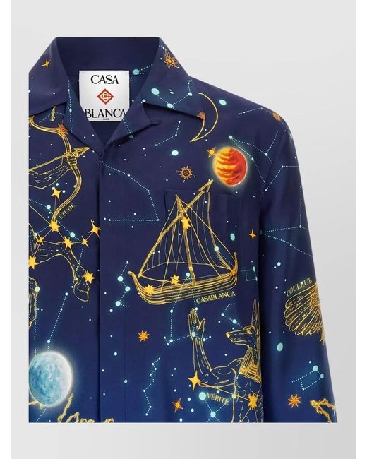 Casablanca Blue Silk Astrology Print Cuban Collar Shirt for men