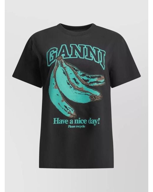 Ganni Green Banana Graphic Crew Neck Short Sleeve T Shirt