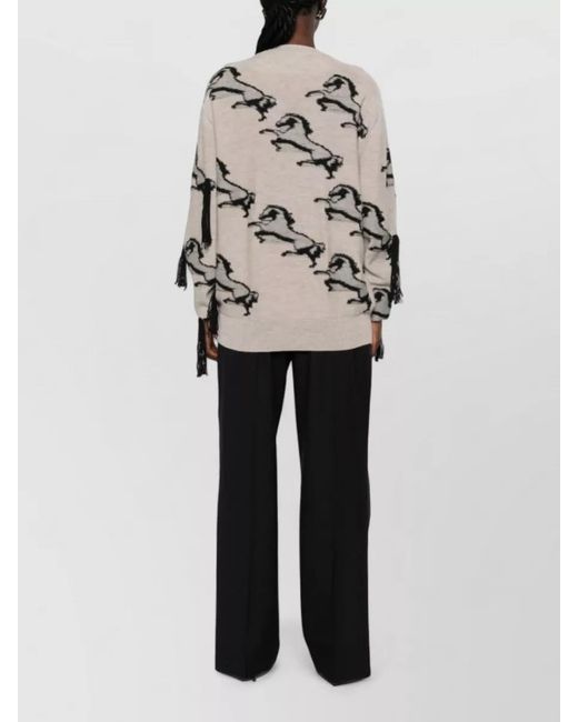 Stella McCartney Natural Wool Jumper Horse Embroidery Fringe Detail
