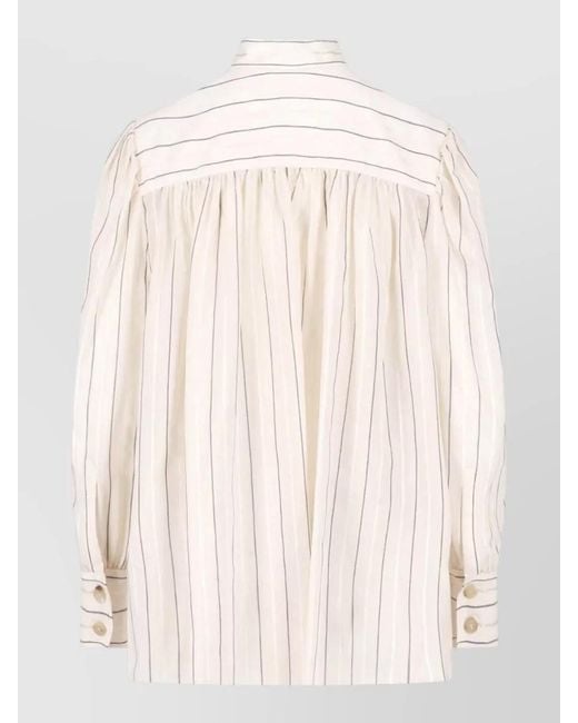 Chloé Natural High Neck Striped Long Sleeve Pleated Top