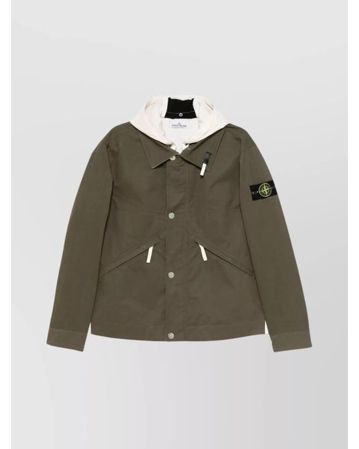 Stone Island Green Coated Canvas Hooded Jacket With Contrasting Back for men