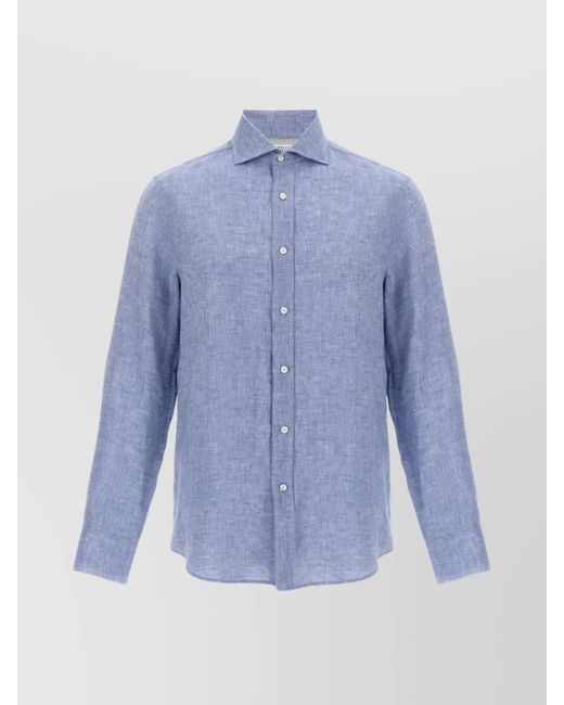 Brunello Cucinelli Blue Linen Shirt With Button Cuffs And Collar for men