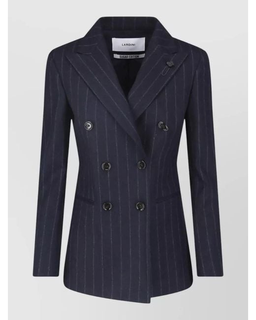 Lardini Blue Double Breasted Pinstripe Blazer Flower Pin