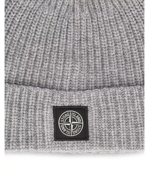 Stone Island Gray Logo Knit Beanie Hat Casual Cuff for men