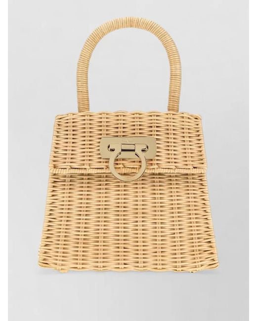 Ferragamo Natural Raffia Tote Handbag Tone Hardware