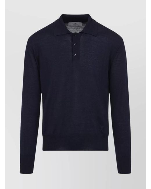 AMI Blue Silk Wool Long-Sleeve Polo Sweater for men