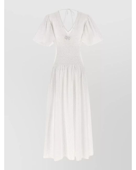 Le twins White Cotton Broderie Anglaise V-Neck Long-Sleeve Midi Dress