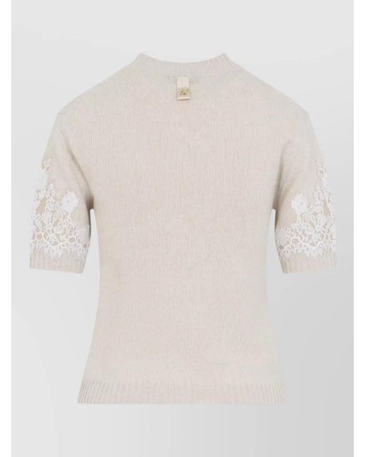 Alberta Ferretti White Knit T Shirt Slim Silhouette Lace Sleeves