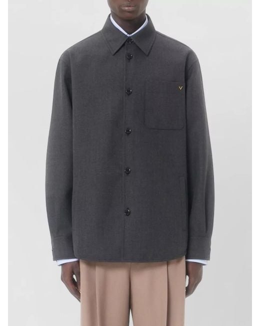 Valentino Garavani Black Long Sleeve Shirt Point Collar Chest Pocket for men