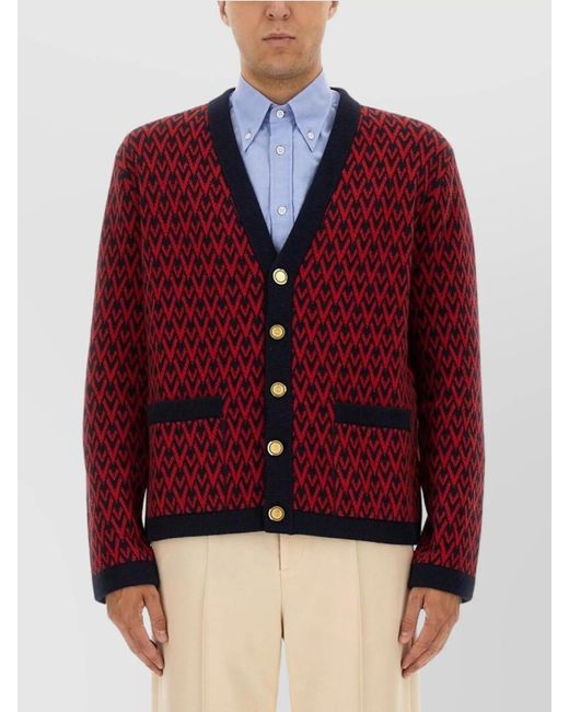 Valentino Red Virgin Wool Logo-Jacquard Cardigan for men