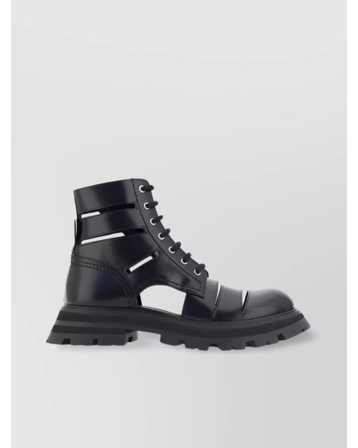 McQueen Black Leather Cutout Ankle Boots