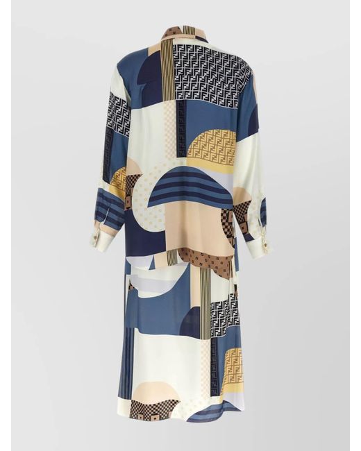 Fendi Natural Silk Geometric-Print Belted Midi Dress