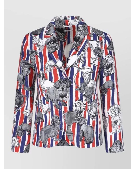 Thom Browne Red Silk Striped Logo Print Single-Breasted Long-Sleeve Blazer