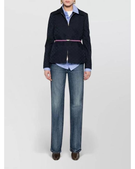 Gucci Blue Checkered Jacket Collared Neck Front Pockets