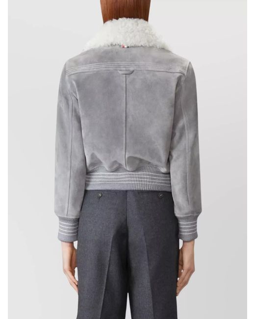 Thom Browne Gray Shearling Collar Suede Cropped Flight Jacket