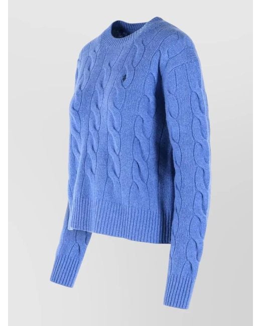 Polo Ralph Lauren Blue Cable-Knit Cashmere Wool Crew-Neck Sweater