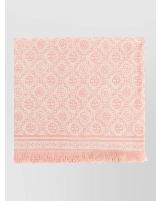 Tory Burch Pink Patterned Scarf All Over Fringed Edges