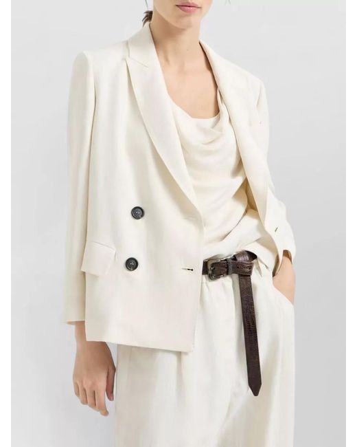 Brunello Cucinelli Natural Linen Viscose Cropped Double-Breasted Blazer