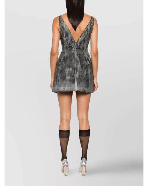Marni Gray Leather Sleeveless Plunging V-Neck Flared Mini Dress
