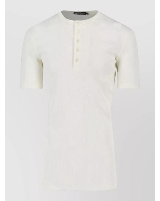 Dolce & Gabbana White Cotton Ribbed Short-Sleeve Henley T-Shirt for men
