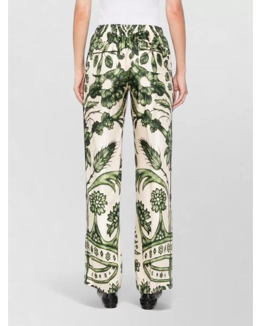 F.R.S For Restless Sleepers Green Silk Trousers High Waist Floral Pattern