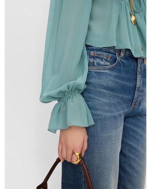 Chloé Blue Scoop Neck Cropped Silk Georgette Lace Top