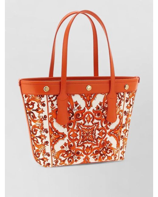 Dolce & Gabbana Orange Atene Shoulder Shopping Bag Ornate Pattern Dual Handles