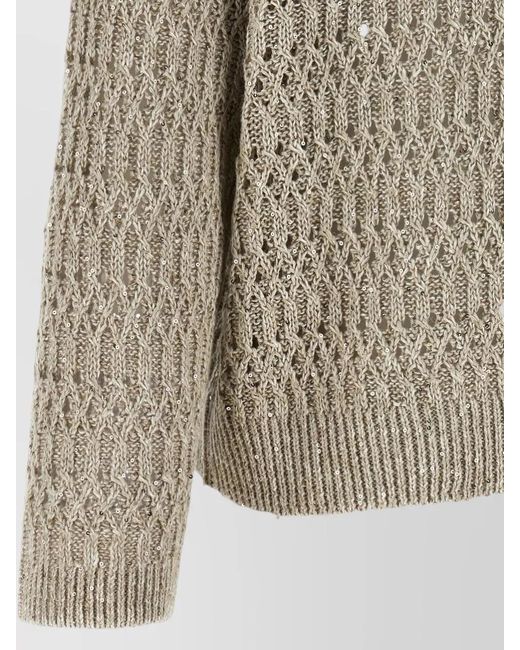 Brunello Cucinelli Gray Braided Linen Blend Sequin Knit Sweater