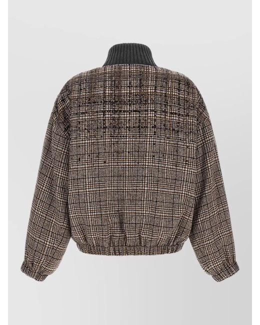 Brunello Cucinelli Brown Sequin Embellished Check Bomber Coat