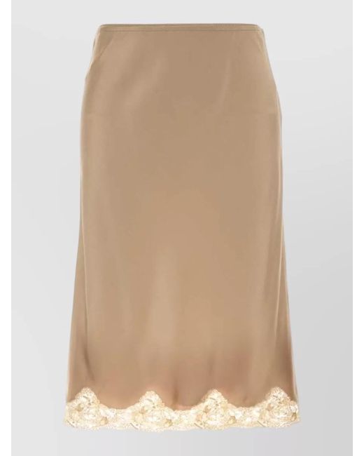 Saint Laurent Natural Satin Midi Skirt Lace Trim Detail