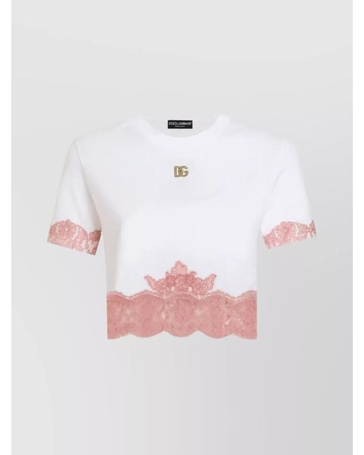 Dolce & Gabbana Pink Cropped T-Shirt With Lace Trim And Logo