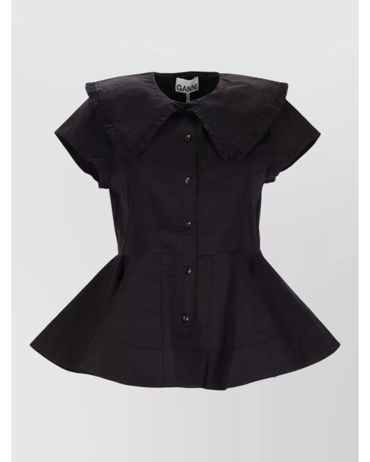 Ganni Black Organic Cotton Ruffled Shirt