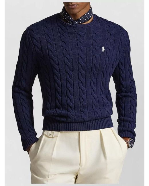 Polo Ralph Lauren Blue Braided Knit Crew Neck Cotton Sweater for men