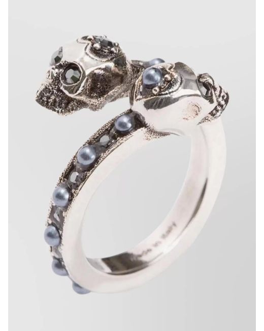 McQueen White Wrap-Around Skull Ring Adorned Gemstone Embellishments