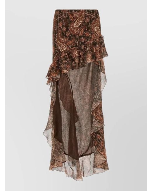 ANDAMANE Brown Camelia Skirt Asymmetric Hem Paisley Ruffle