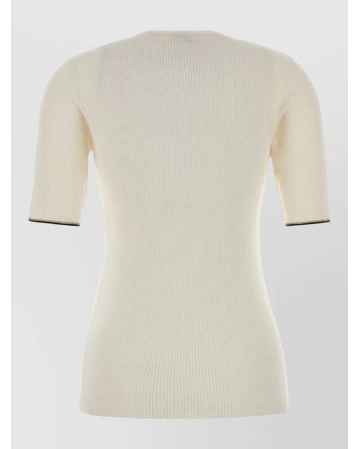 Brunello Cucinelli Natural Cashmere Blend Short Sleeve Ribbed T-Shirt Contrast Trim