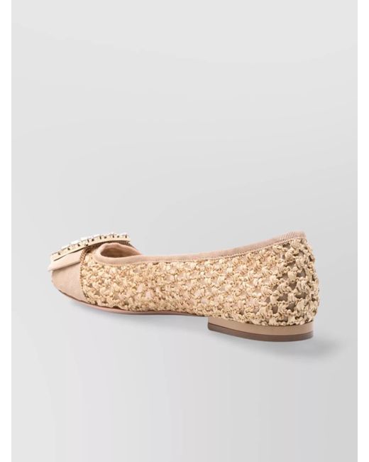 Roger Vivier Natural Crystal Embellished Raffia Ballerina Flats