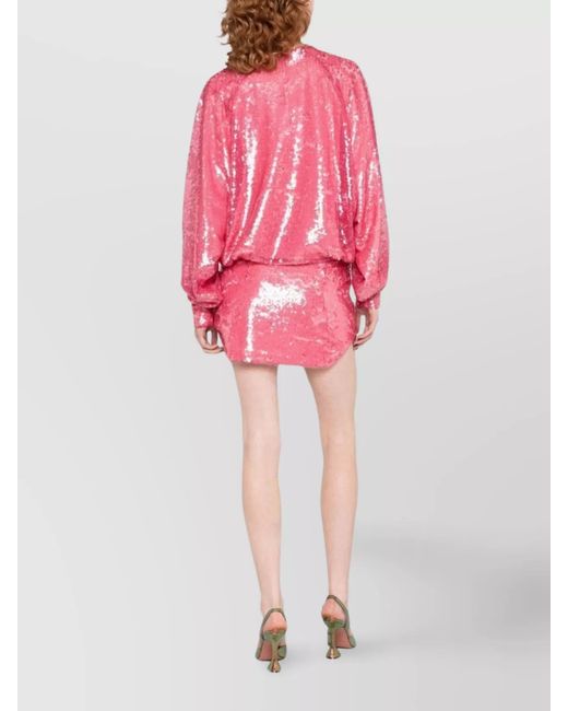 The Attico Pink Sequined V-Neck Long-Sleeve Mini Dress