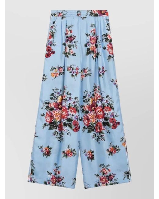 Dolce & Gabbana Blue Silk Floral-Print Wide-Leg Trousers